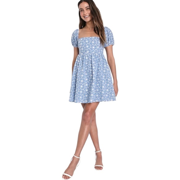 Lulus Dresses & Skirts - Lulus Fit to Frolic Blue Eyelet Lace Puff Sleeve Babydoll Dress New